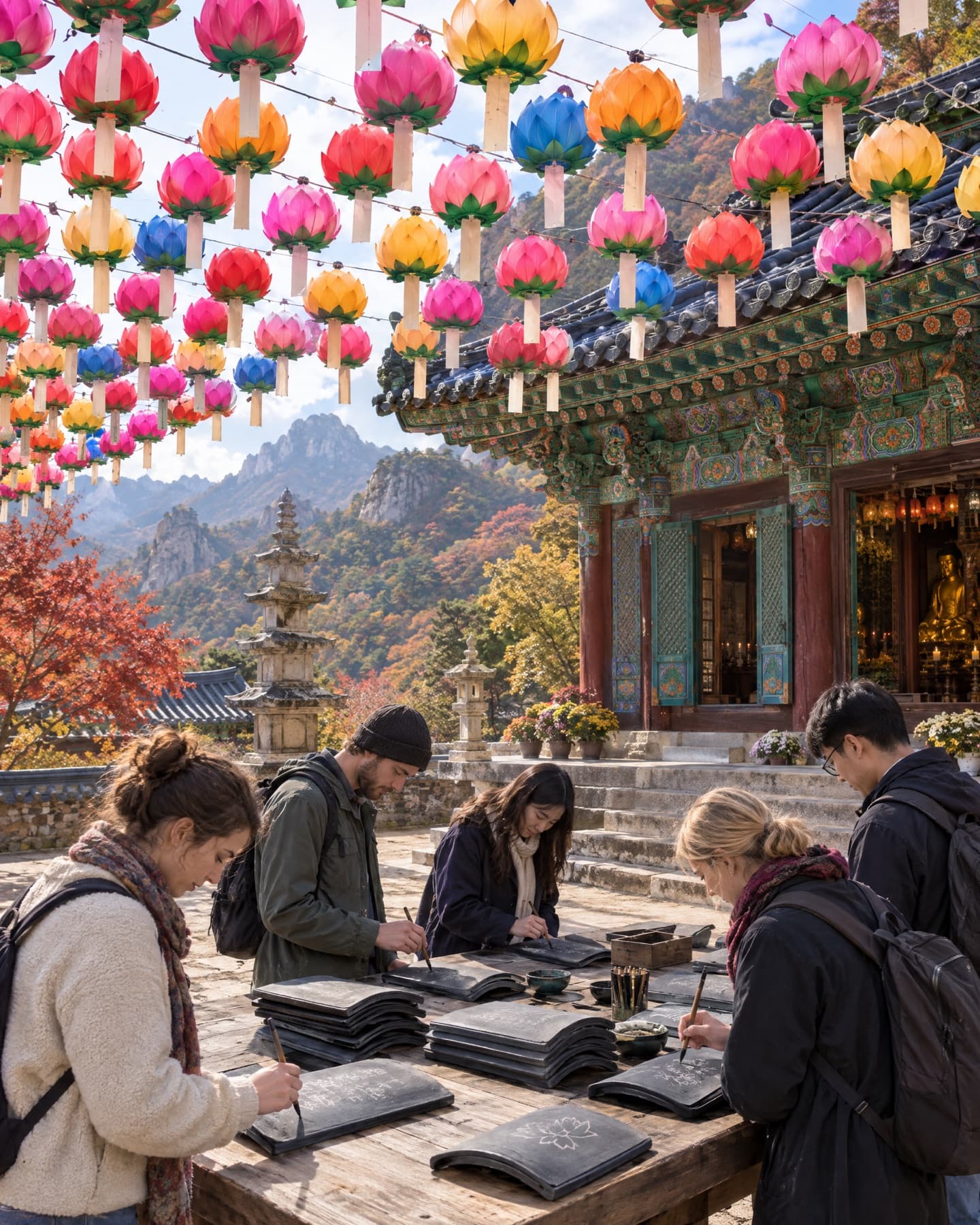 Lotus lanterns and roof-tile wishes at a Korean temple